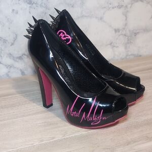 Metal Mulisha Black Patent Peep-Toe Heels with Pink Accents and Spikes